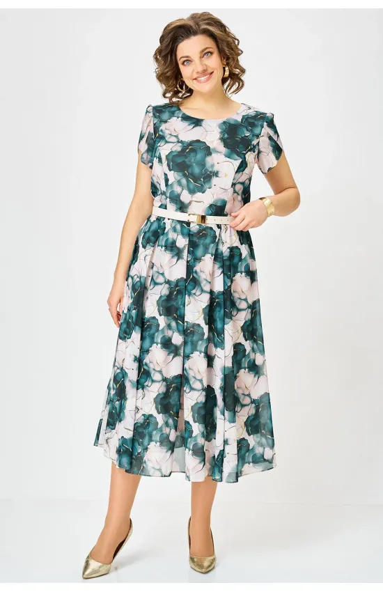 Платье Swallow 900.4 пудровый, принт «изумрудные цветы»