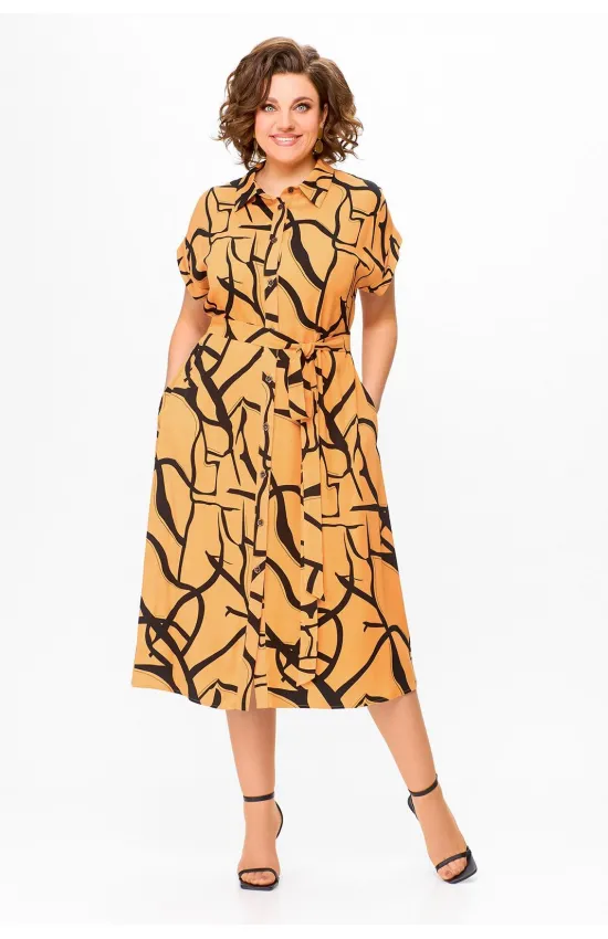 Платье Swallow 740 светло-оранжевый в черный принт абстракция