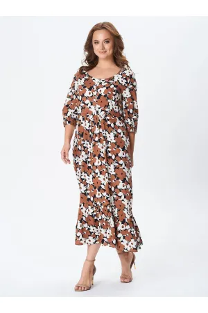 Платье Your Size 2259/170 Медно-коричневые и молочные цветы на черном