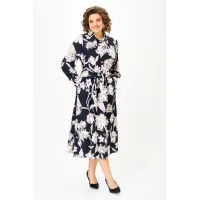 Платье Swallow 887 цвет-синий, принт «Белые листья»