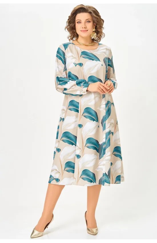 Платье Swallow 885.2 бежевый принт «ярко-голубые и белые листья»