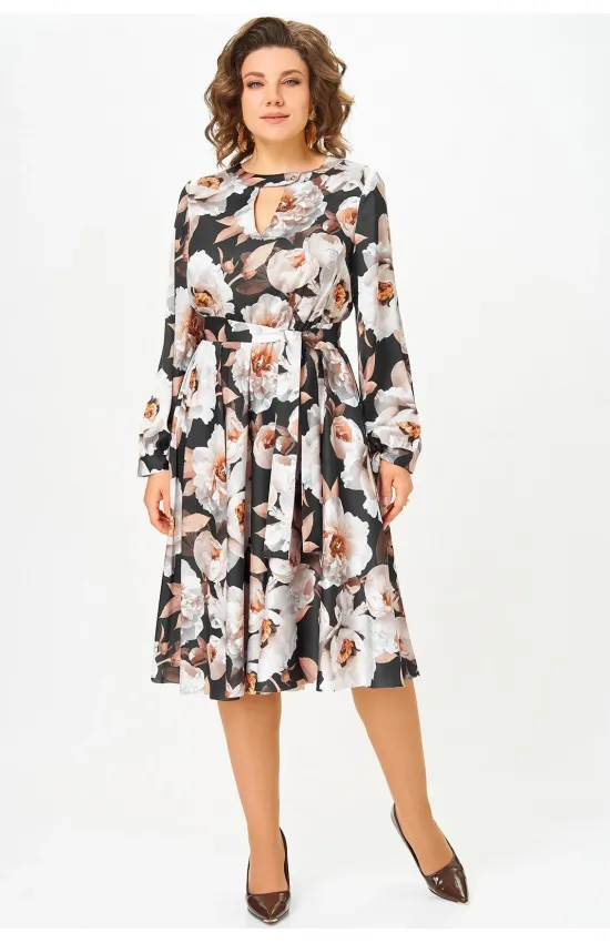 Платье Swallow 707.2 чёрный/принт «бежево-молочные пионы»