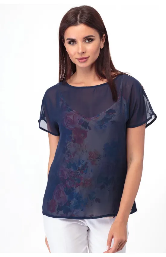 Блузка Anelli 822 темно-синий+цветы