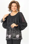 Блузка Swallow 803.4 чёрный, принт нежно-розовые цветы