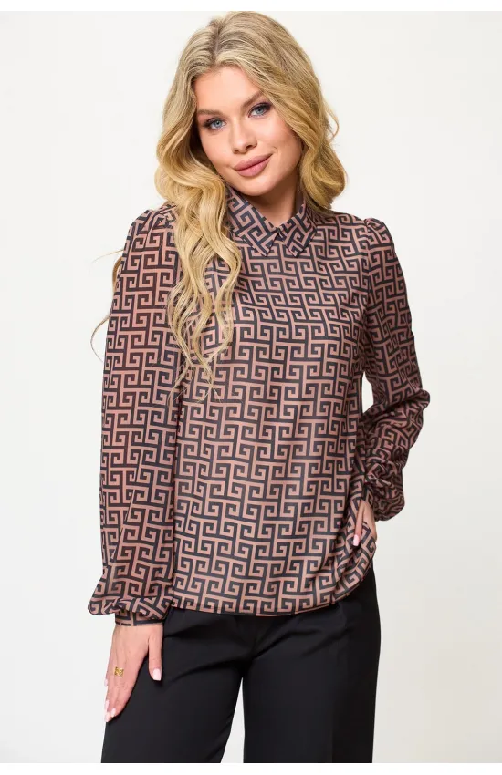 Блузка Talia Fashion 423 геометрический коричнево-черный принт.