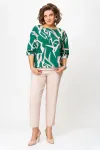 Блузка Swallow 872 изумрудно- зелёный в бежево- молочный принт