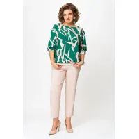Блузка Swallow 872 изумрудно- зелёный в бежево- молочный принт