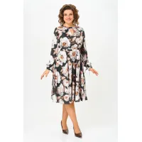 Платье Swallow 707.2 чёрный/принт «бежево-молочные пионы»