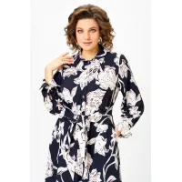 Платье Swallow 887 цвет-синий, принт «Белые листья»