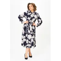Платье Swallow 887 цвет-синий, принт «Белые листья»