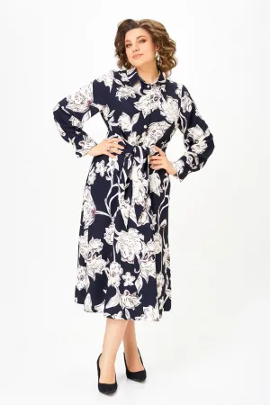 Платье Swallow 887 цвет-синий, принт «Белые листья»