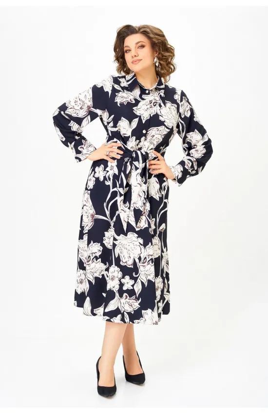 Платье Swallow 887 цвет-синий, принт «Белые листья»