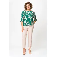 Блузка Swallow 872 изумрудно- зелёный в бежево- молочный принт