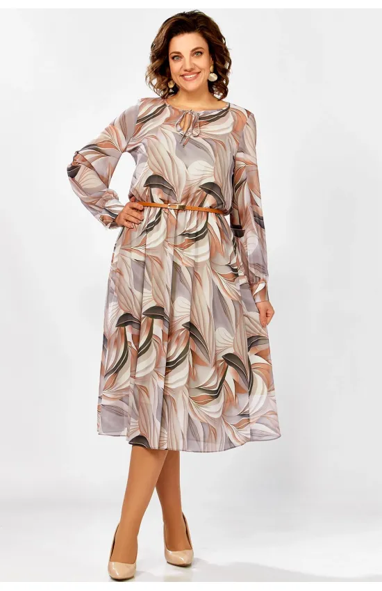 Платье Swallow 876 Серо-бежево- рыжий,  принт «листья»