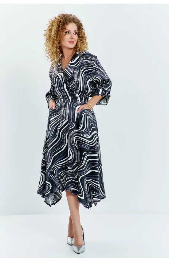 Платье Euromoda 633 черный белый + принт (волна) Платье Euromoda 633 черный белый + принт (волна)