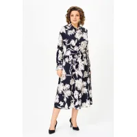 Платье Swallow 887 цвет-синий, принт «Белые листья»