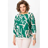 Блузка Swallow 872 изумрудно- зелёный в бежево- молочный принт