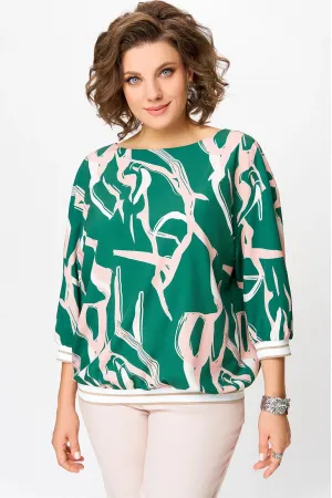 Блузка Swallow 872 изумрудно- зелёный в бежево- молочный принт