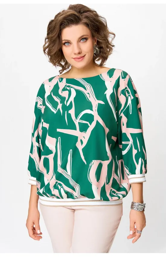 Блузка Swallow 872 изумрудно- зелёный в бежево- молочный принт