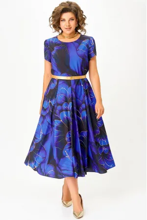 Платье Swallow 834 ультрамарин, принт «чёрно- золотые цветы»