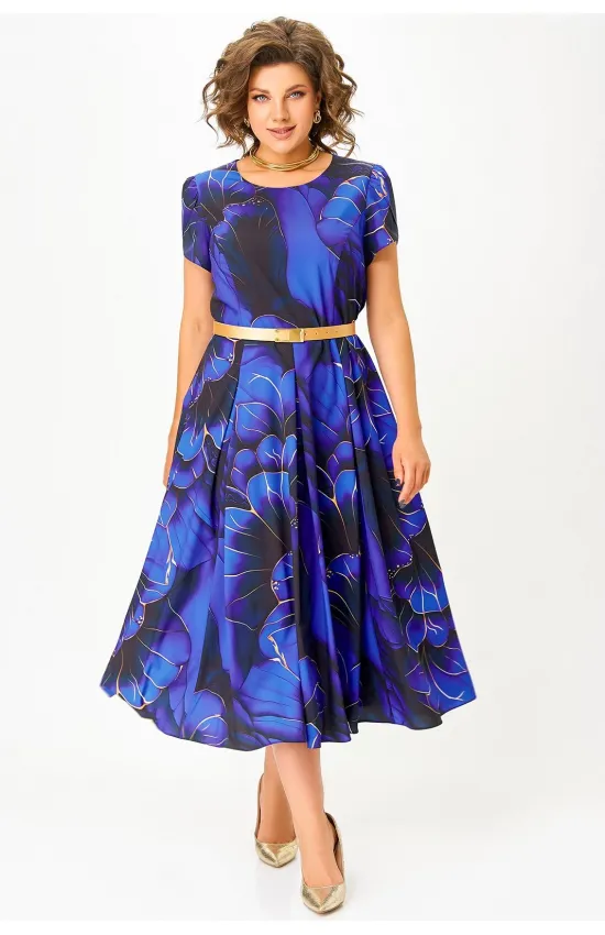 Платье Swallow 834 ультрамарин, принт «чёрно- золотые цветы»