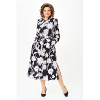 Платье Swallow 887 цвет-синий, принт «Белые листья»