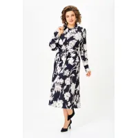 Платье Swallow 887 цвет-синий, принт «Белые листья»