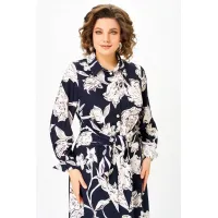 Платье Swallow 887 цвет-синий, принт «Белые листья»