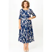 Платье Swallow 869 синий в бежевый принт