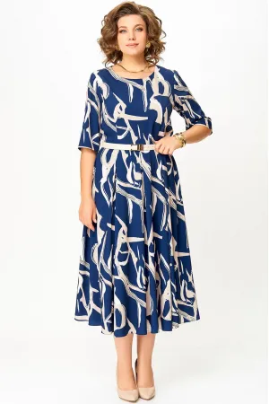 Платье Swallow 869 синий в бежевый принт