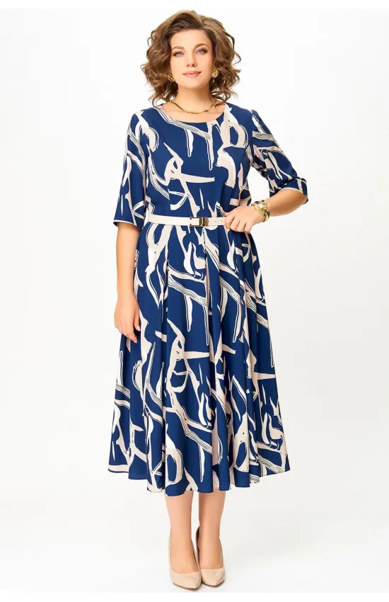 Платье Swallow 869 синий в бежевый принт