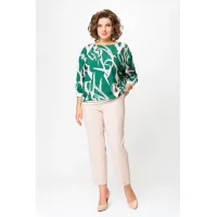 Блузка Swallow 872 изумрудно- зелёный в бежево- молочный принт
