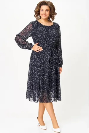 Платье Swallow 881 тёмно-синий, принт «белые веточки»