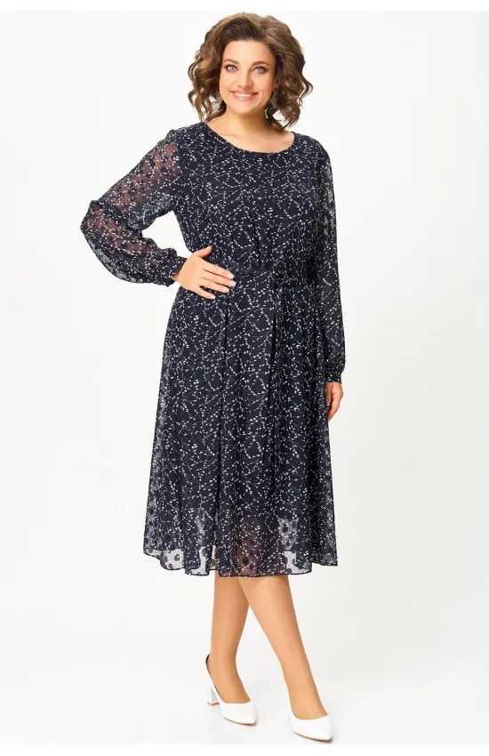 Платье Swallow 881 тёмно-синий, принт «белые веточки»