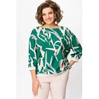 Блузка Swallow 872 изумрудно- зелёный в бежево- молочный принт