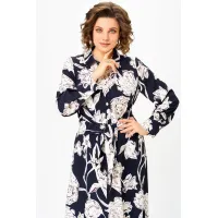 Платье Swallow 887 цвет-синий, принт «Белые листья»