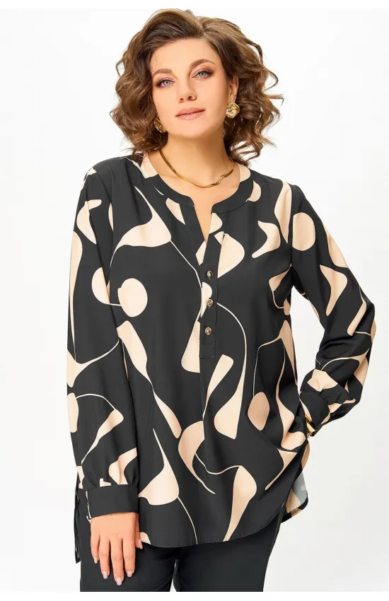 Блузка Swallow 851 чёрный в бежевый принт