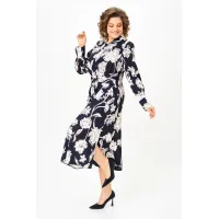 Платье Swallow 887 цвет-синий, принт «Белые листья»