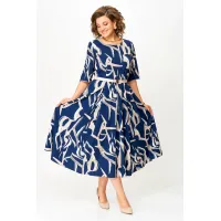 Платье Swallow 869 синий в бежевый принт