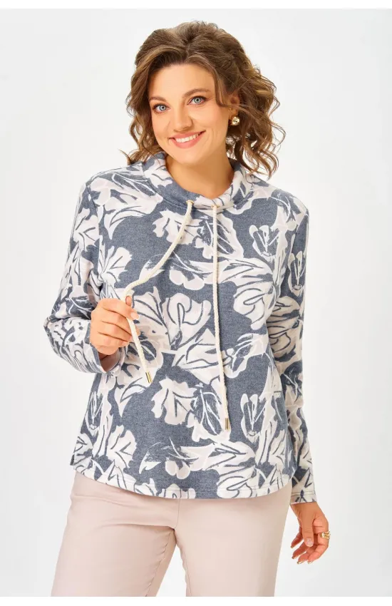 Кофта Swallow 883 дымчато-синий/принт «бежево- молочные абстрактные цветы»