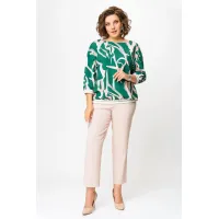 Блузка Swallow 872 изумрудно- зелёный в бежево- молочный принт