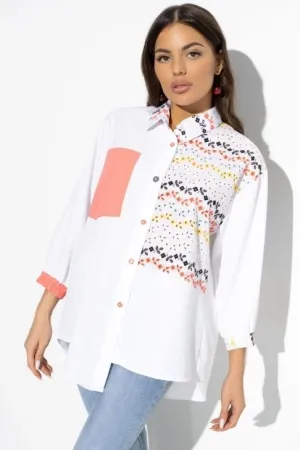 Рубашка белая с принтом и асимметричным низом CH-Жемчужина образа (lucky)