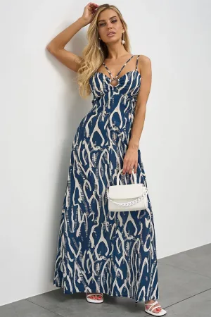 Сарафан летний длины макси синего цвета на тонких бретелях J-ШЮ581-1